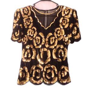 Lawrence Kazar Vintage Gold Sequined Silk Top Size PS